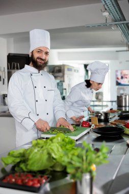 Mutfakta garnitür hazırlarken gülümseyen baş aşçı gastronomik yemekler pişiriyor. Gurme mutfak şefi taze sebzeleri keserken yemek için yemek tarifi hazırlıyor..