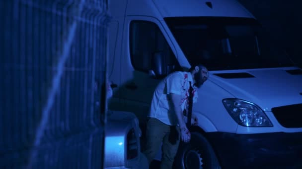 Crippled Scary Looking Office Zombies Roaming Prowling Outdoor Night Weird — Stock Video