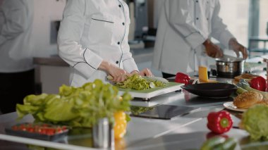 Mutfakta gurme yemeği yapmak için organik malzemeler hazırlayan otantik şefin portresi. Kadın aşçı, yemek tarifi ile gastronomi yemeği hazırlamak için sebze kullanıyor. El kamerasıyla..
