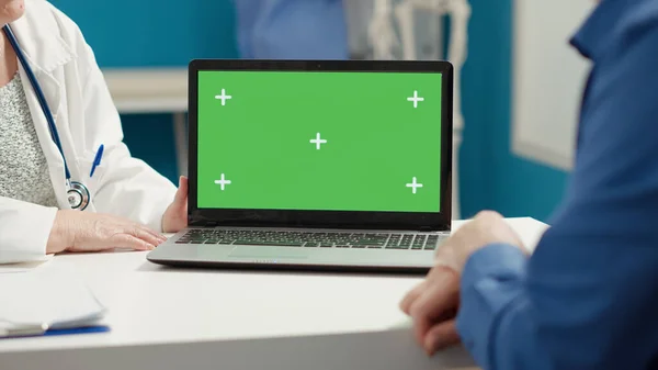 Doctor Patient Looking Laptop Greenscreen Display Medical Appointment Mockup Copyspace — Photo