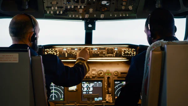 Diverse Team Aviators Preparing Takeoff Airplane Fixing Altitude Longitude Levels — ストック写真