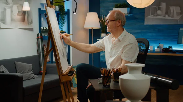 Senior Adult Using Pencils Draw Vase White Canvas Creating Professional — 스톡 사진