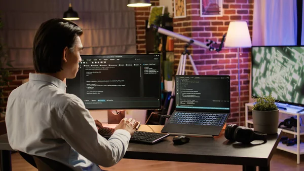 Asian Developer Programming Code Firewall Server Using Computer Binary Code — Stock Photo, Image