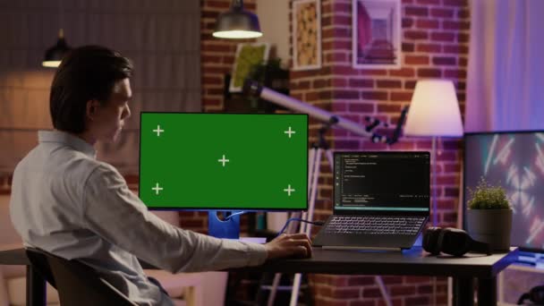 Office Employee Analyzing Greenscreen Computer Monitor Home Desk Using Blank — Stockvideo