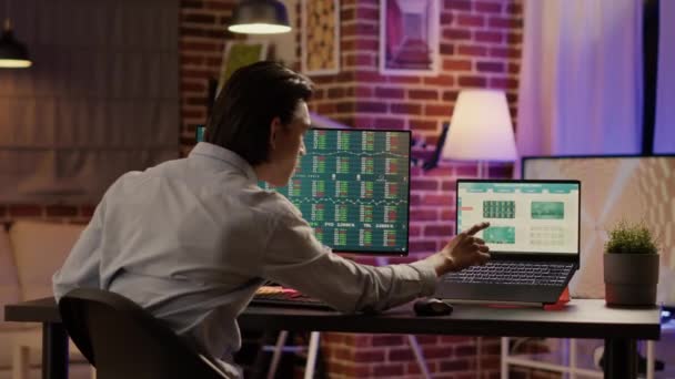 Hedge Fund Handelaar Analyseren Real Time Aandelenmarkt Statistieken Computer Laptop — Stockvideo