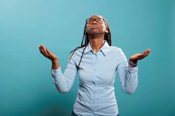 Faithful African American Woman Palms Faced Sky Pleading Begging Have — Stock Photo, Image