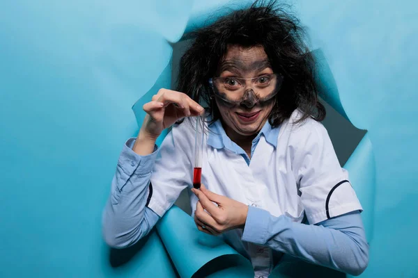 Crazy Chemist Wacky Goofy Look Grinning Dreadful While Presenting Glass — Stockfoto