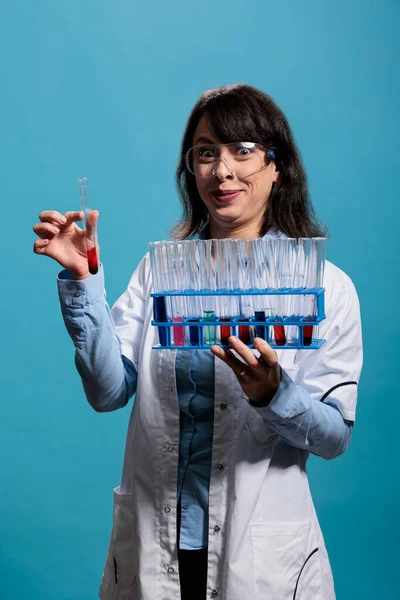 Laboratory Worker Expert Creepy Smile Having Rack Full Test Tubes — Foto Stock