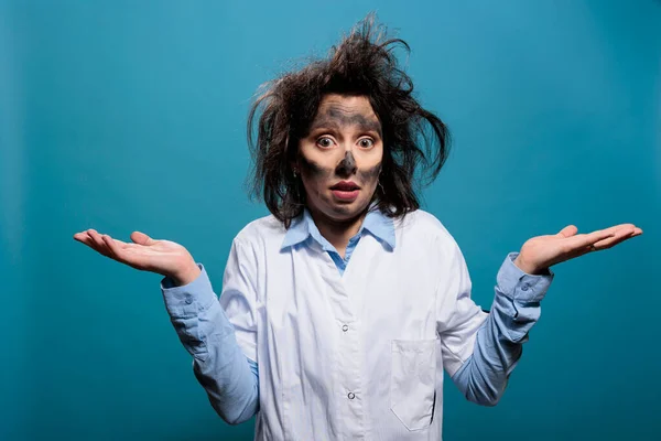 Mad Scientist Funny Expression Wacky Hair Shrugging Shoulders While Blue — Stockfoto