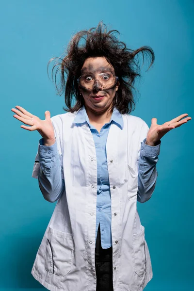 Insane Silly Looking Crazy Scientist Messy Hairstyle Dirty Face Does — Photo