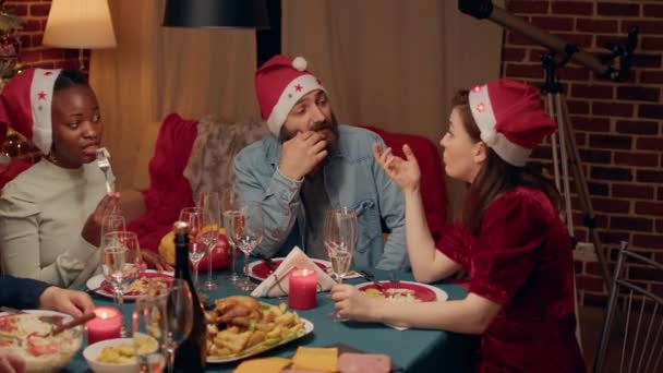 Festive People Talking Christmas Dinner While Enjoying Traditional Home Cooked — Stockvideo