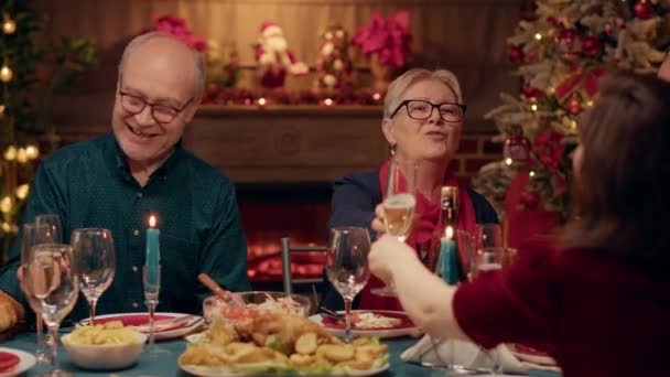 Happy Elder Woman Clinking Glasses Young Person While Enjoying Christmas — Video Stock