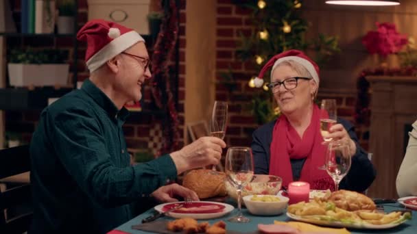 Slavnostní Senioři Spolu Povídají Popíjejí Šampaňské Slaví Zimní Prázdniny Svými — Stock video