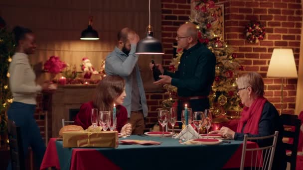 Friendly Elder Talking Man Rare Bottle Champagne Brought Christmas Dinner — Stockvideo