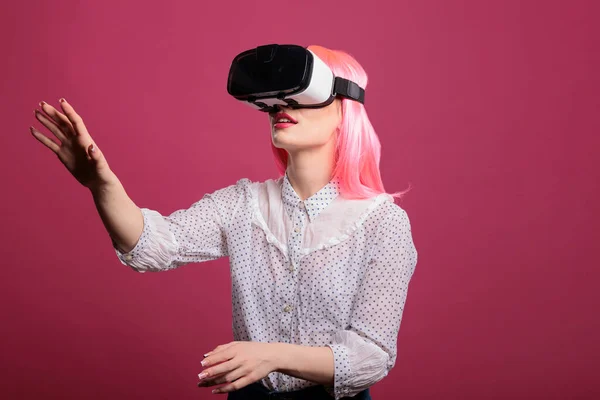 Female model using vr glasses with augmented reality tech, futuristic interactive vision on wireless headset. Digital device simulator with 3d innovation, electronic system with visual goggles.