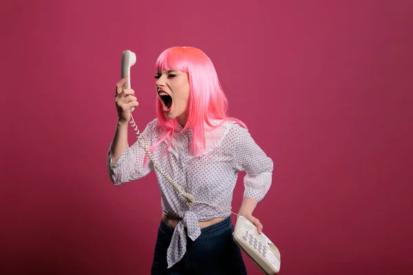 Crazy Funky Person Screaming Landline Phone Call Camera Posing Talking — Stockfoto