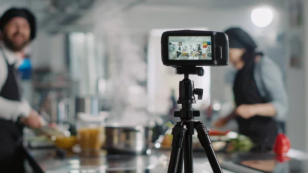 Profesionální Kamera Natáčení Kulinářské Třídy Line Kuchařské Show Pomocí Vlog — Stock fotografie