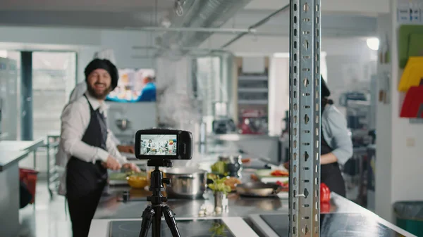 Caméra Professionnelle Enregistrant Contenu Émission Cuisine Avec Des Chefs Dans — Photo