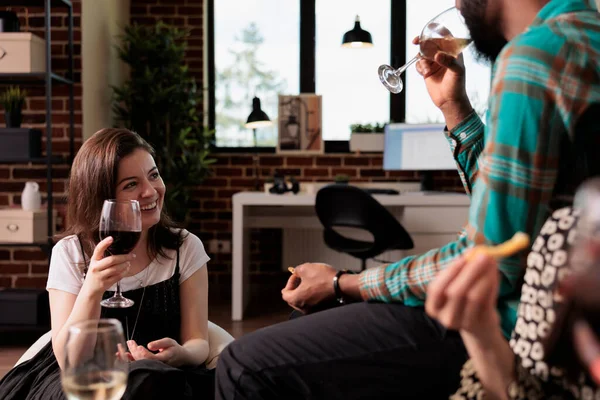 Diverse Happy People Home Enjoying Wine Party While Celebrating Birthday — Foto de Stock
