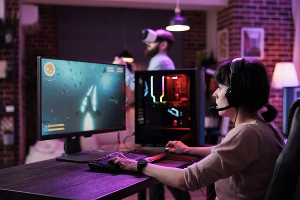 Female Gamer Live Streaming Video Games Play Computer Having Fun — Stock Fotó