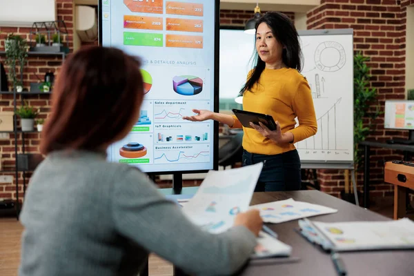 Executive manager showing company graphs using vertical monitor discussing business strategy with entrepreneur woman in startup office. Management team analyzing marketing statistics