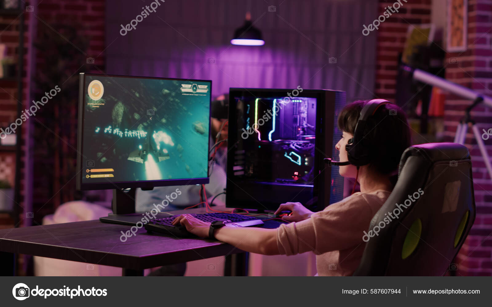 Free Photo  African american man playing multiplayer online action rpg on  pc while girlfriend is fighting in virtual reality game in living room.  gamer streaming first person shooter while woman uses