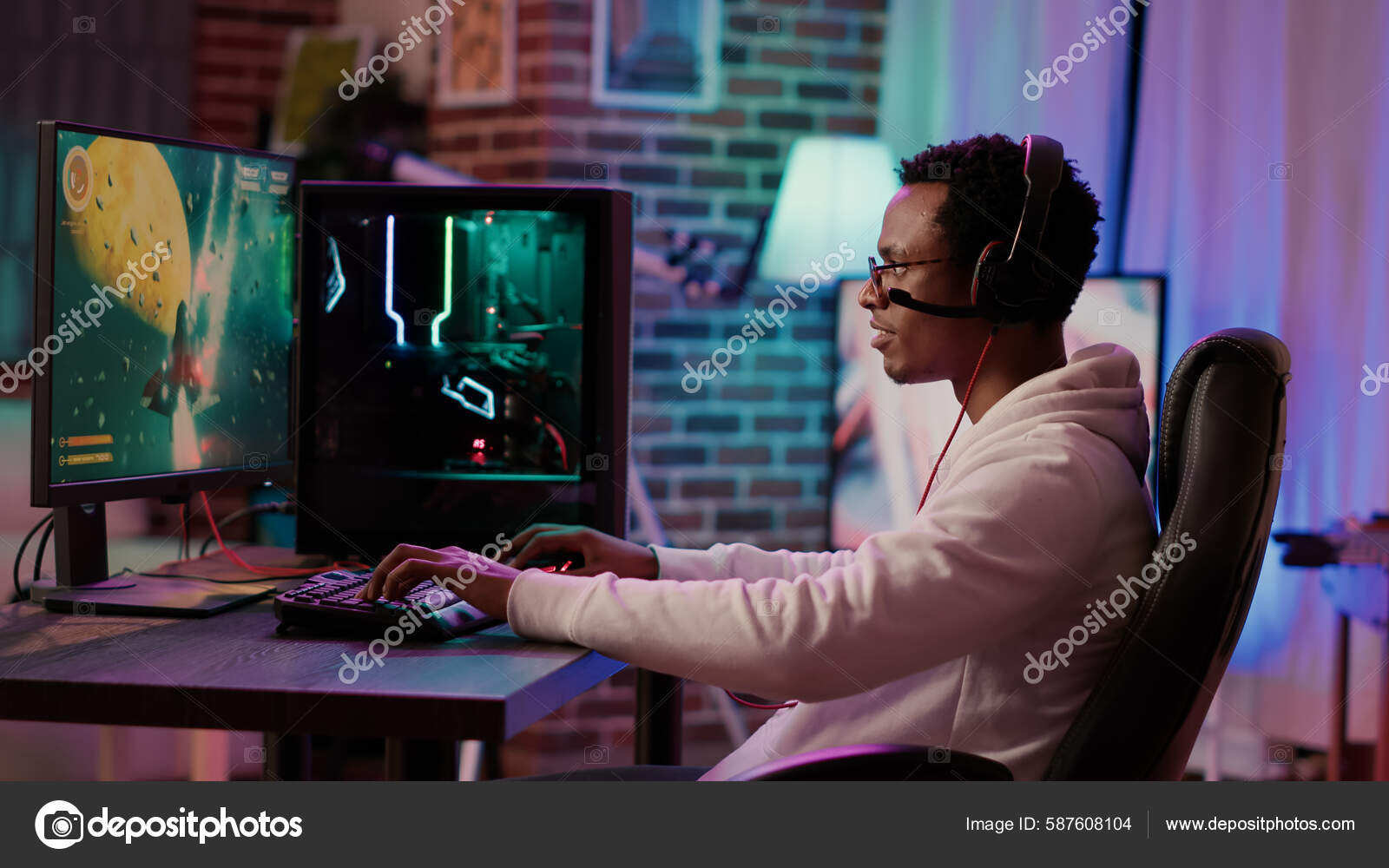 Premium Photo  Excited player winning an important virtual egame  competition of space shooter video game playing on powerful computer