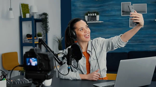 Famous Internet Influencer Taking Selfie Photo Smartphone While Streaming Creative — Foto de Stock