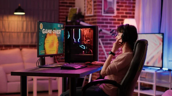 Gamer Girl Feeling Disappointed Losing Difficult Level Online Space Shooter — Stock Photo, Image