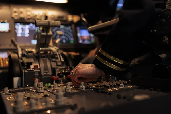 Woman Aircrew Switching Control Panel Buttons Dashboard Command Using Radar — Fotografia de Stock