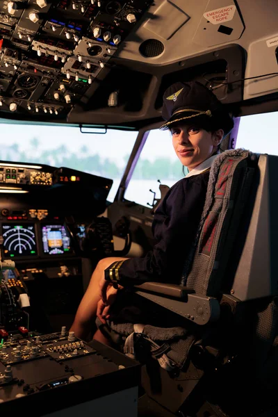 Portrait Female Aviator Sitting Airplane Cabin Fly Aircraft Pushing Dashboard — Stock Photo, Image