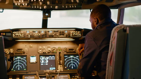 African American Captain Inserting Destination Coordinates Help Pilot Takeoff Flying — Zdjęcie stockowe