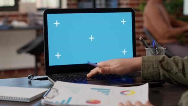 Male Freelancer Analyzing Business Charts Greenscreen Laptop Using Blank Chroma — 비디오