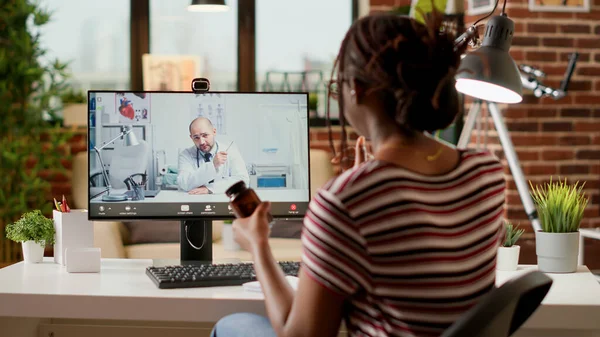 African American Woman Meeting Medic Videocall Attending Telemedicine Videoconference Webcam — 图库照片