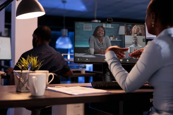 Businesswoman Talking Colleagues Remote Videoconference Using Online Telework Videocall Chat — Fotografia de Stock