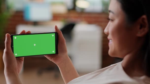 Smiling Woman Having Smartphone Green Screen Chroma Key Background Happy — Stok video