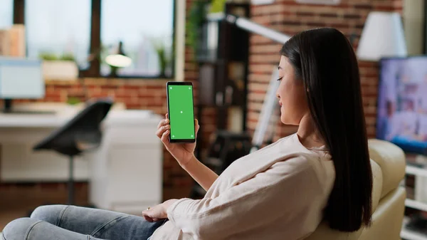 Young Adult Person Sitting Couch Mobile Cellphone Having Mockup Chroma — Foto Stock