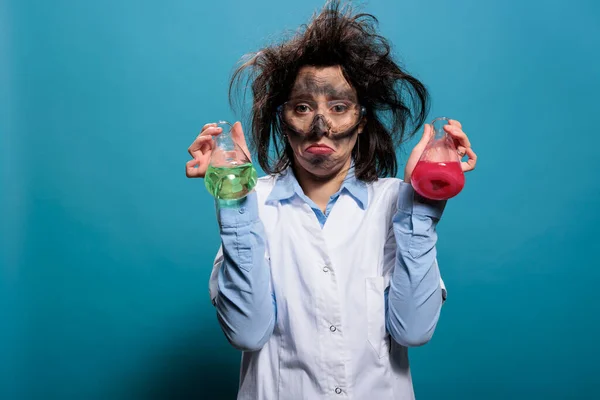 Sad Lunatic Chemist Holding Glass Flasks Filled Chemical Compounds Lab — Stockfoto