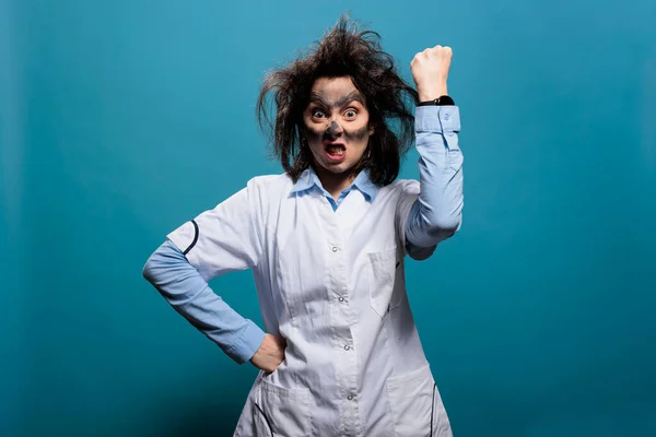 Crazy Scientist Dirty Face Wacky Hair Angrily Clenching Raising Fist — Stockfoto