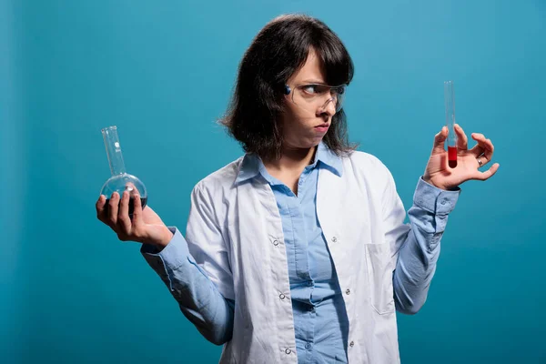 Upset Angry Professional Laboratory Chemist Holding Chemistry Glass Jars Filled —  Fotos de Stock