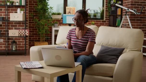 African American Woman Doing Remote Work Laptop Home Using Online — Vídeos de Stock