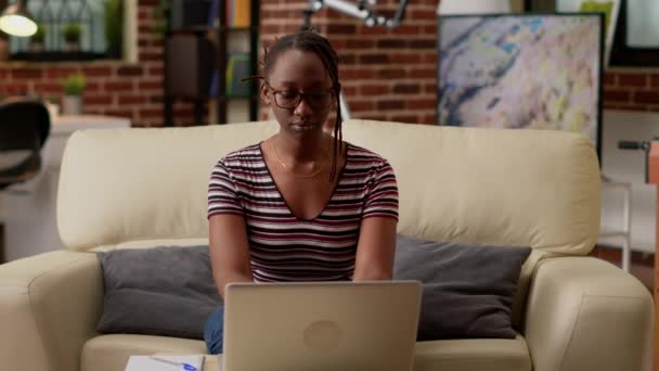 Startup Employee Using Laptop Work Home Sofa Doing Remote Job — Stock video