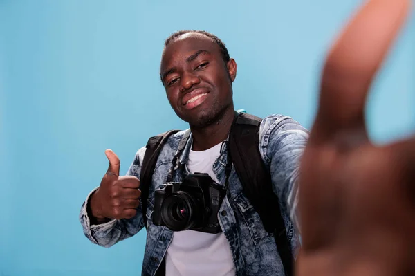 Photography Enthusiast Giving Approve Hand Gesture While Taking Picture Himself —  Fotos de Stock