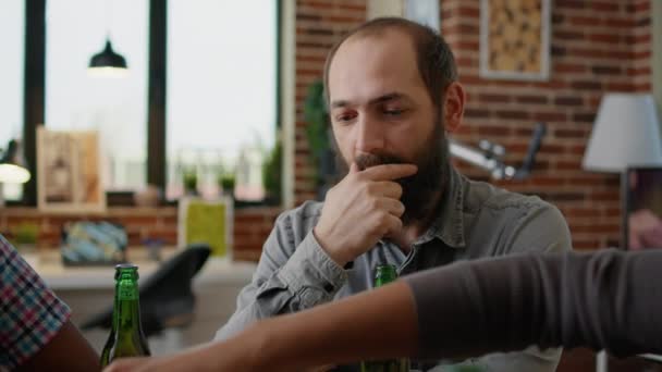 Portrait Smiling Man Thinking Next Move Chess Play Enjoying Match — Video