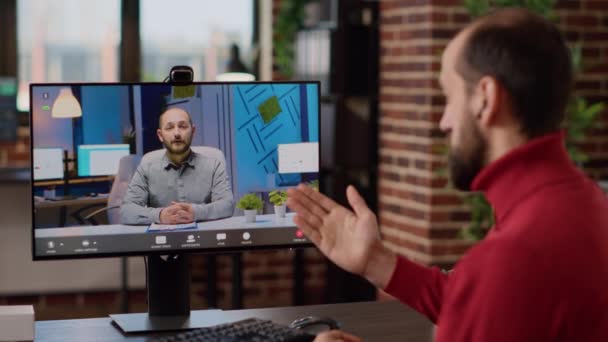 Young Man Attending Online Business Videocall Computer Using Webcam Remote — Stock videók