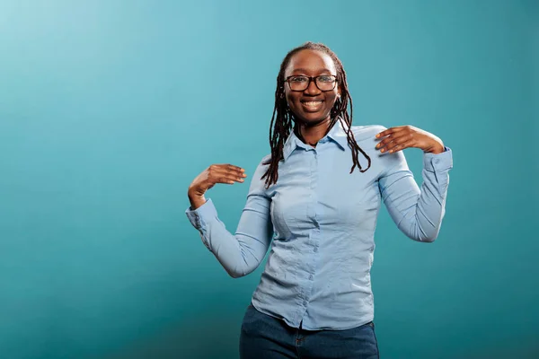 Joyful Happy Young Woman Dancing Pleasure While Listening Music Playlist — Stockfoto