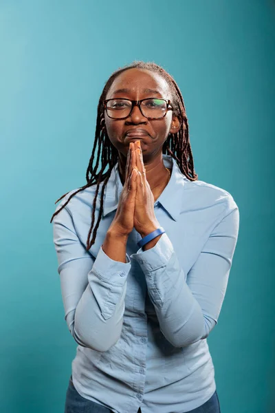 Religious Spiritual Young Person Having Palms Together While Praying Hope — Photo