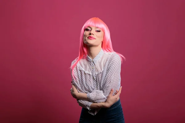 Portrait Beauty Model Wearing Pink Hair Wig Studio Having Fun — Photo
