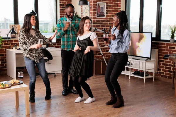 Multicultural Group Close Friends Dancing Together Wine Party Joyful Young — Stock Photo, Image