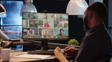 Business man meeting with people on videocall conference, talking on remote videoconference chat with internet connection and webcam. Chatting on online teleconference conversation.